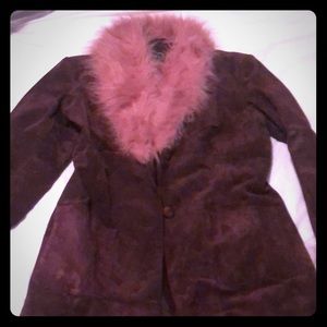 XOXO Leather and Suede plum long coat w/ pink fur